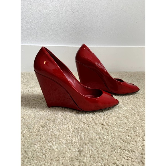 Miu Miu Red Patent Peep-toe Wedges - Picture 6 of 7